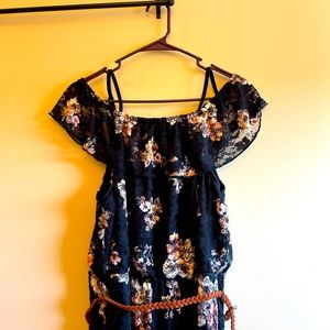 Spaghetti strap scoop neck over the shoulder lace flow dress with a short train